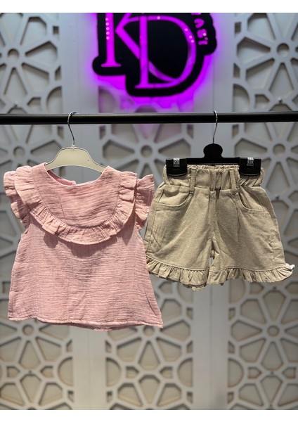 Müslin Yakası Fırfırlı Gömlek Keten Şort Kız Çocuk Alt Üst Takım