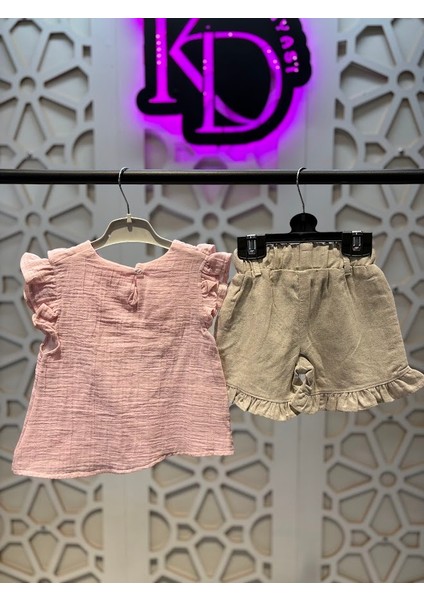 Müslin Yakası Fırfırlı Gömlek Keten Şort Kız Çocuk Alt Üst Takım fiyatları