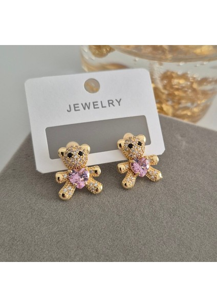 Vip Özel Seri Gold Renk Taşlı Ayıcık Kadın Küpe