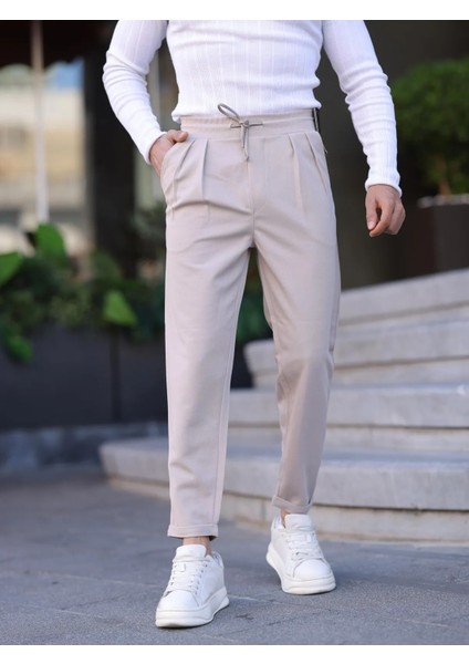 Erkek Örme Kumaş Pileli Duble Paça Rahat Kalıp Casual Jogger Pantolon