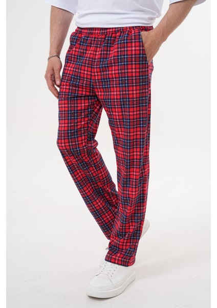 Unisex Pamuklu Cepli Beli Lastikli Kırmızı Ekose Baskılı Pijama Altı Eşofman