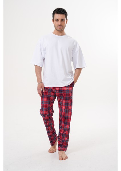 Unisex Pamuklu Cepli Beli Lastikli Kırmızı Ekose Baskılı Pijama Altı Eşofman