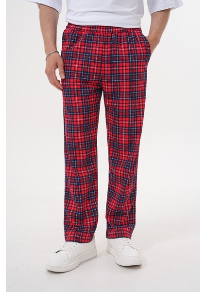Unisex Pamuklu Cepli Beli Lastikli Kırmızı Ekose Baskılı Pijama Altı Eşofman