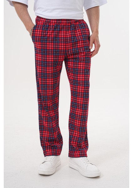 Unisex Pamuklu Cepli Beli Lastikli Kırmızı Ekose Baskılı Pijama Altı Eşofman