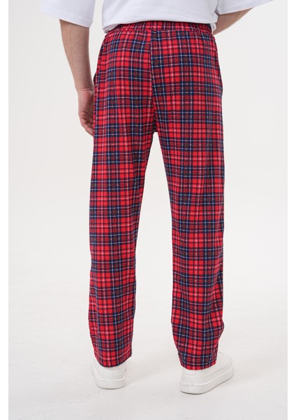Unisex Pamuklu Cepli Beli Lastikli Kırmızı Ekose Baskılı Pijama Altı Eşofman