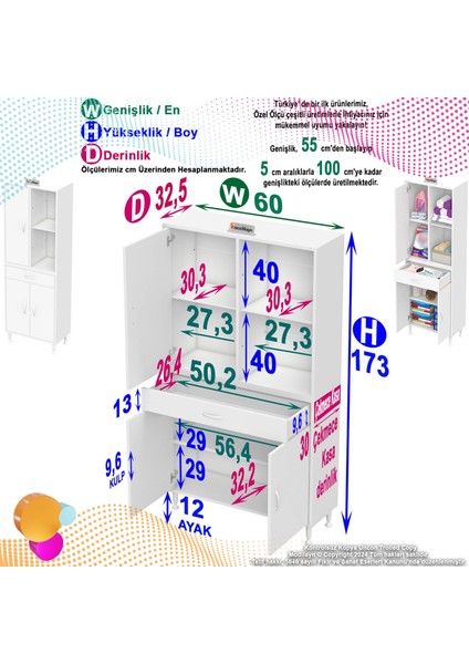 60 x 173 x 32,5 Cm’lik 1 Çekmece 3 Kapak 3 Raf 6 Göz Bölmeli Organizatör Çok Amaçlı Mutfak Dolabı fiyatları