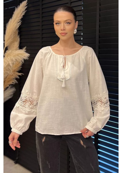Yaka Bağlamalı Kol Fisto Detaylı Keten Bluz P-00016424