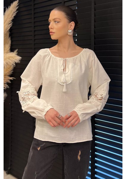 Yaka Bağlamalı Kol Fisto Detaylı Keten Bluz P-00016424 fiyatları