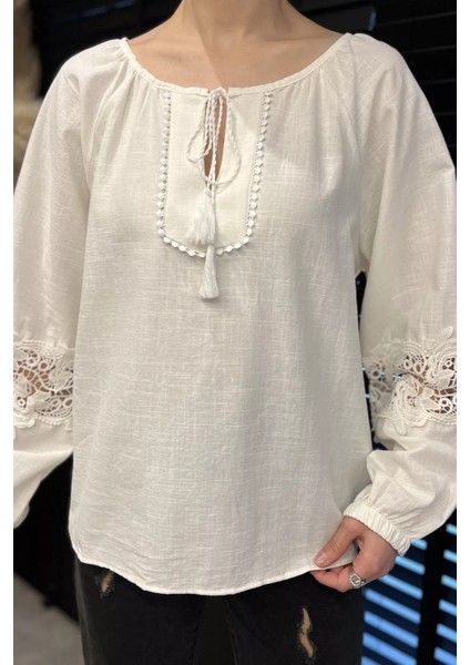 Yaka Bağlamalı Kol Fisto Detaylı Keten Bluz P-00016424 fırsatları