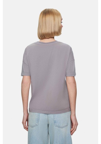 Everlee Koyu Gri Bisiklet Yaka Taş Yıkama Baskılı Loose Fit Kadın Tshirt