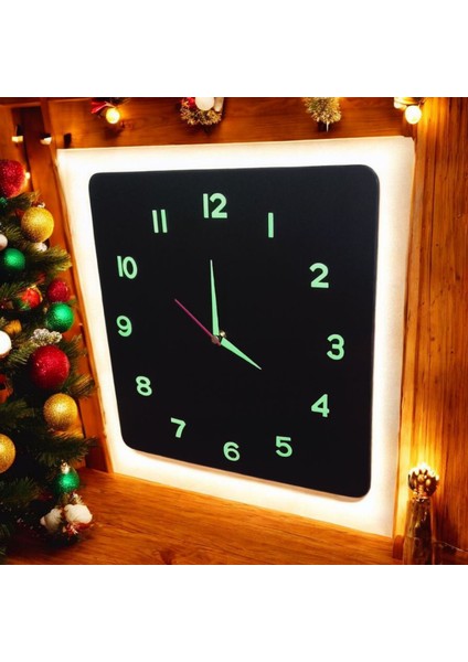 Fosforlu 3D Kabartma Rakam Ahşap Camsız 30*30 cm Kare Siyah Duvar Saati modelleri