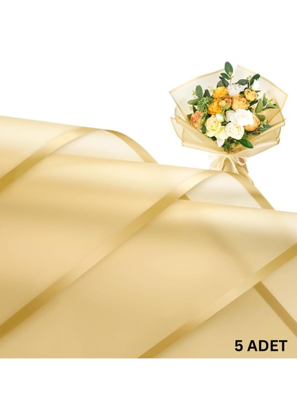 Altın Kenarlı Altın Çiçek Ambalaj Kağıdı 5'li, Su Geçirmez Mat Şeffaf Buket Sargı Kağıdı, 58 x 58 cm