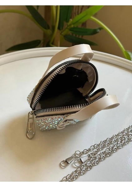 Krem Süet Kumaş, Tek Bölmeli, Zincir Askılı,fermuarlı, Taşlı, Mini El ve Omuz Çantası 10 cm fırsatları
