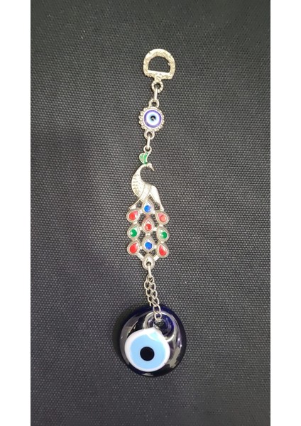 Nazar Boncuk Nazarlık Tavus Kuş Cam Metal Duvar Süs 19 cm Renkli Taşlı Gümüş Renk Mini 1 Adet