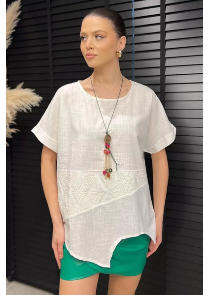 Dantel Işlemeli Aksesuarlı Kadın Keten Bluz P-00016420