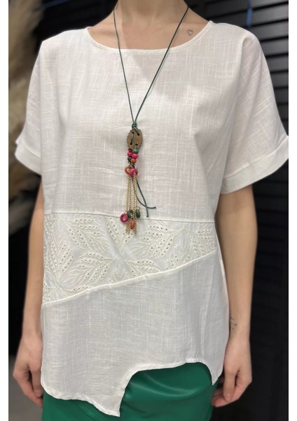 Dantel Işlemeli Aksesuarlı Kadın Keten Bluz P-00016420 fırsatları