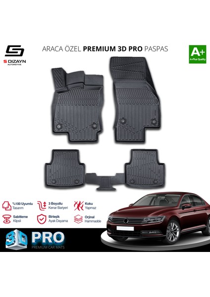 Vw Passat B8 3D Pro Havuzlu Paspas 2015-2019 A+ Kalite