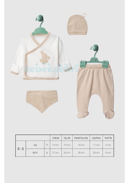 Kendinden Eldivenli ve Patikli Tavşanlı 4lü Yenidoğan Hastane Çıkış Seti modelleri