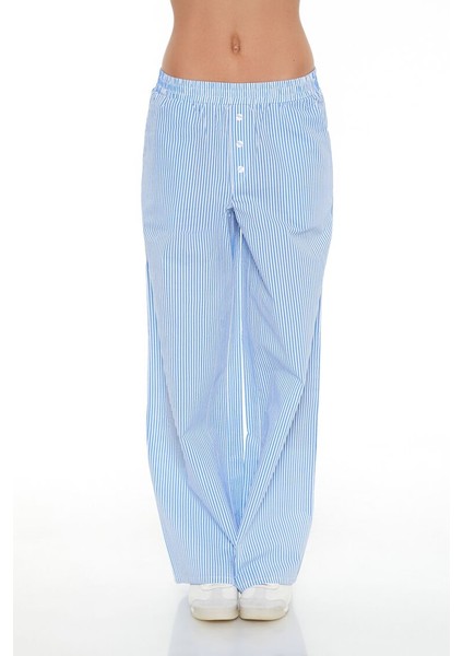 Çizgili Mid-Rise Wide-Leg Pantolon