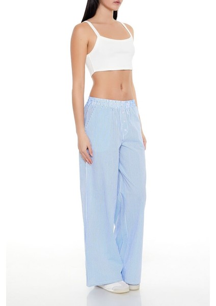 Çizgili Mid-Rise Wide-Leg Pantolon fırsatları