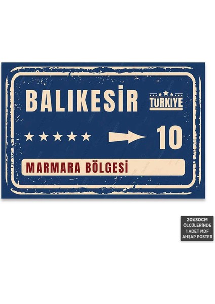 PT1050 - Balıkesir Şehir Tabelası Retro Mdf Ahşap Poster (20X30CM)