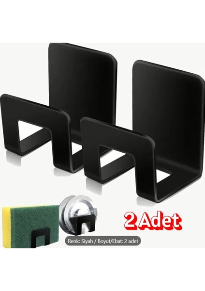 2 Adet Yapışkanlı Metal (1.5 Mm) Bulaşık Süngeri Tutucu Siyah Renk Mutfak Lavabo Banyo Rafı Islak Zemin için Kuvvetli Çift Taraflı Bant