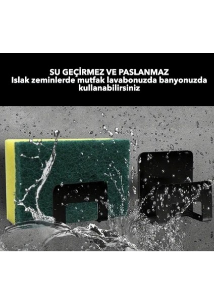 2 Adet Yapışkanlı Metal (1.5 Mm) Bulaşık Süngeri Tutucu Siyah Renk Mutfak Lavabo Banyo Rafı Islak Zemin için Kuvvetli Çift Taraflı Bant