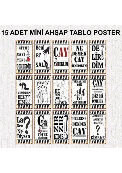 Çay Sözleri Duvar Yazıları Ev Mutfak Cafe Dekorasyon 15 Adet Mdf Ahşap Tablo Poster Seti