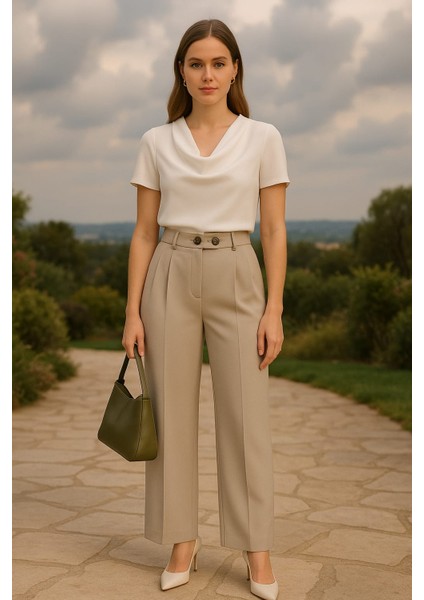 Çift Düğme Detaylı Kadın Palazzo Pantolon Füme