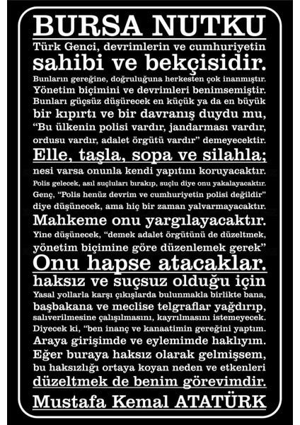 Bursa Nutku Mustafa Kemal Atatürk Sözler Ev Ofis Okul Genç Odası Dekorasyon Tablo Retro Ahşap Poster