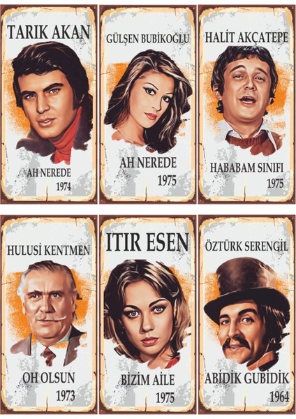 Tarık Akan Halit Akçatepe Gülşen Bubikoğlu Yeşilçam 6lı Mini Retro Ahşap Poster