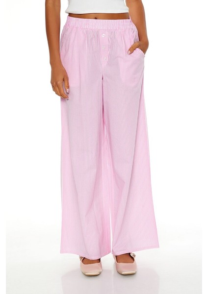 Çizgili Mid-Rise Wide-Leg Pantolon