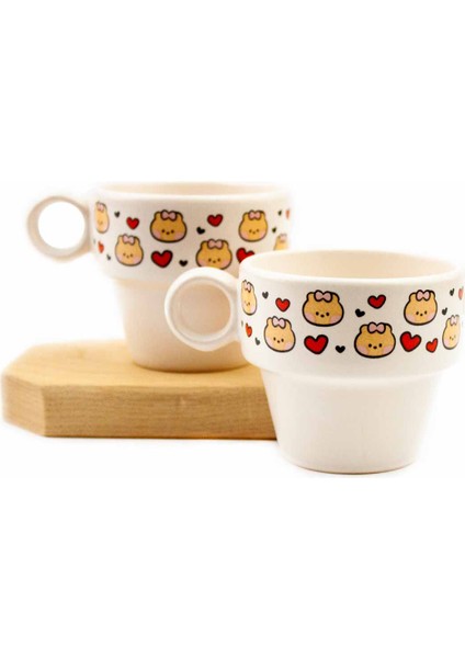 Kırmızı Kalpler & Puppy 2'li Espresso Bardak Seti - Hediye Seramik Fincan