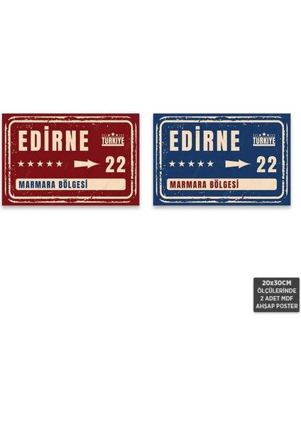 PS1060 - Edirne Şehir Tabelası Retro Mdf Ahşap Poster Set (2 Adet - 20X30CM)