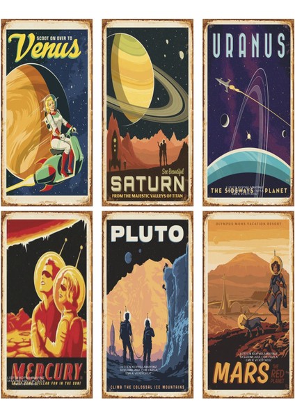 Güneş Sistemi Uzay Bilim Gezegenler Çocuk Genç Odası Dekor Eğlenceli 6lı Mini Retro Ahşap Poster