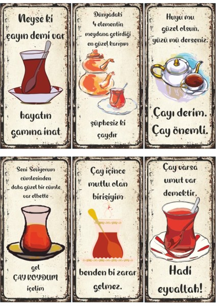 Çay Sözleri Mutfak Dekorasyonu 6lı Mini Retro Ahşap Poster