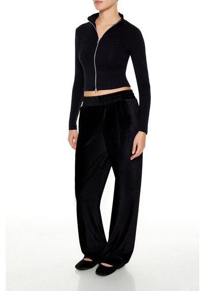 Kadife High-Rise Wide-Leg Pantolon fırsatları