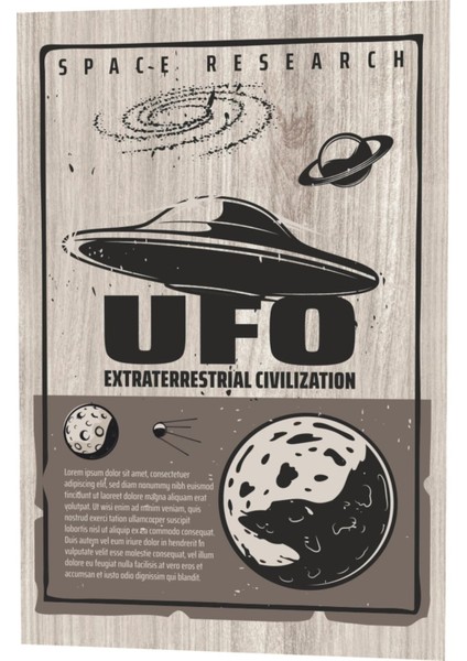 Uzay Araştırmaları Ufo Uçan Daire Ahşap Desenli Retro Vintage Ahşap Poster