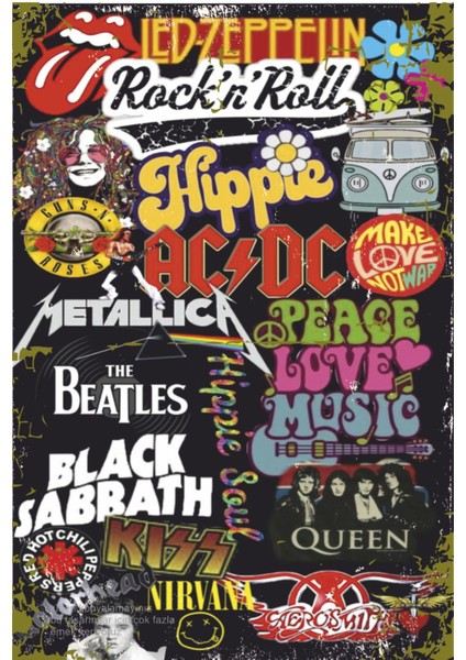 LED Zeppelin Ac Dc Beatles Queen Black Sabbath Kiss Nirvana Aerosmith Rock Müzik Retro Ahşap Poster
