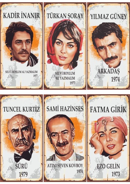 Yeşilçam Kadir Inanır Türkan Şoray Yılmaz Güney Tuncel Kurtiz 6lı Mini Retro Ahşap Poster