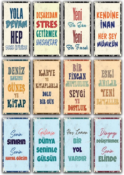 12LI Duvar Yazıları Retro Ahşap Poster 10X20 Set
