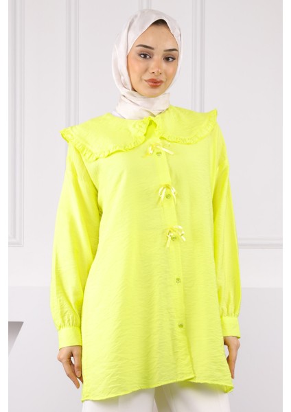 Neon Yeşili Bebe Yaka Fiyonk Detaylı Tunik