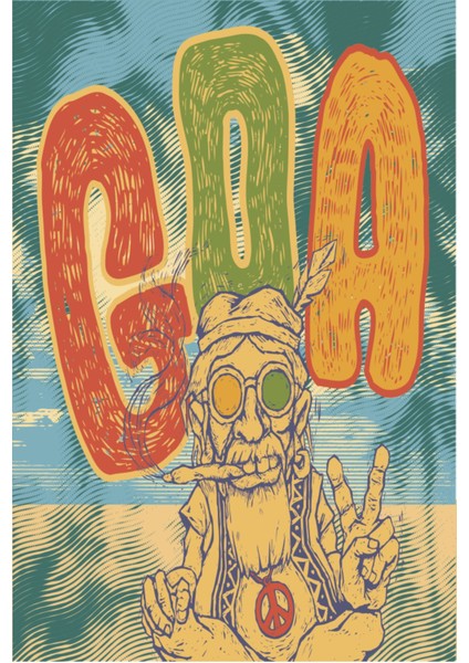 Goa Yogacı Barış Işareti Yapan Bilge Hippi Baba Retro Ahşap Poster