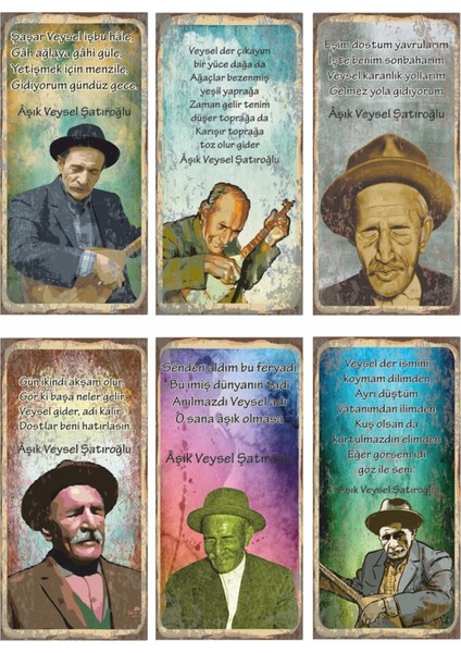 Aşık Veysel Halk Ozan Türkü Bağlama Sözleri 6lı Mini Retro Ahşap Poster Seti