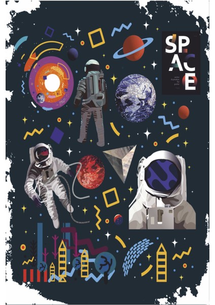 Uzay Güneş Sistemi Gezegenler Astronotlar Retro Ahşap Poster
