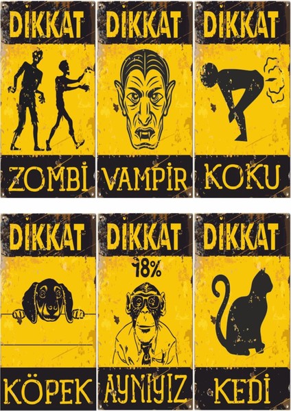 Zombi Vampir Eğlenceli Vintage Tarz Genç Odası Dekorasyon 6lı Mini Retro Ahşap Poster Seti