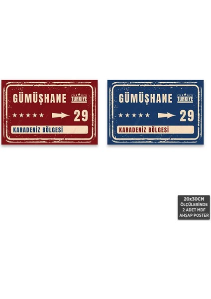 PS1067 - Gümüşhane Şehir Tabelası Retro Mdf Ahşap Poster Set (2 Adet - 20X30CM)