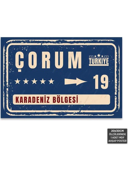 PT1068 - Çorum Şehir Tabelası Retro Mdf Ahşap Poster (20X30CM)