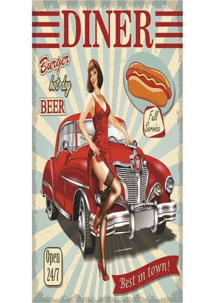 Hot Dog Pin Up Kızı Kızı Klasik Araba Ev Dekorasyon Tablo Mini Retro Ahşap Poster