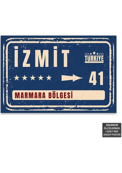 PT1114 - Izmit Şehir Tabelası Retro Mdf Ahşap Poster (20X30CM)